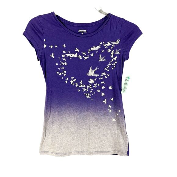 Vtg Express Graphic Sequin Bird Top Purpl Y2K Ombre Shirt Flying ❤️ Formation XS - Picture 1 of 9